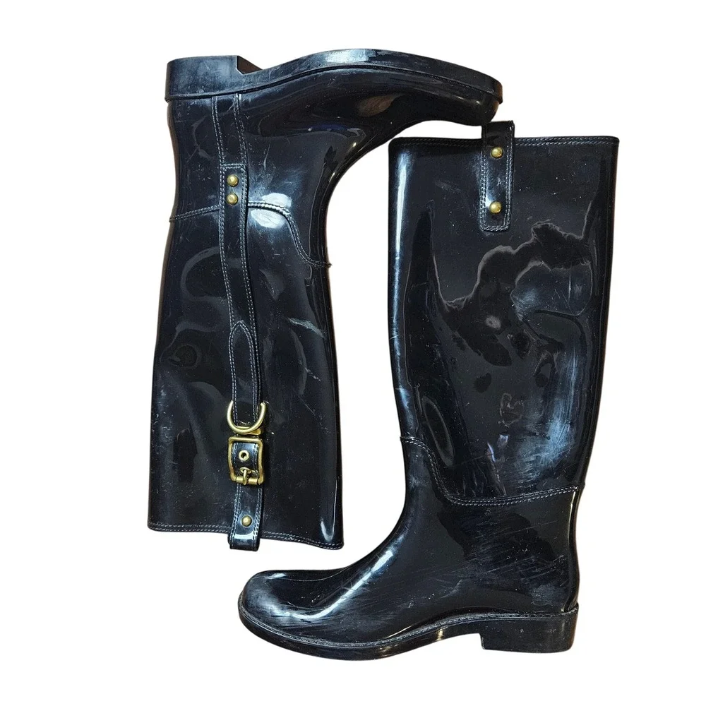 Coach Tasha Signature Buckle Rain Boots Tall Womens 10 Glossy Quiet‎ Luxury